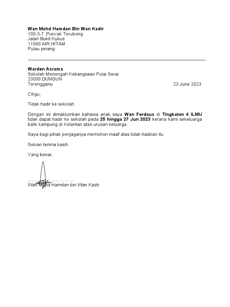 Contoh Surat Cuti Sekolah Urusan Keluarga