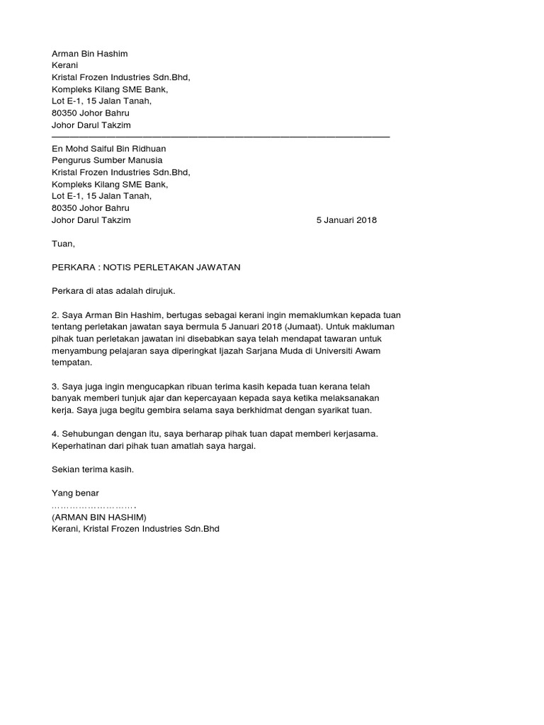 Contoh Surat Berhenti Kerja 24 Jam