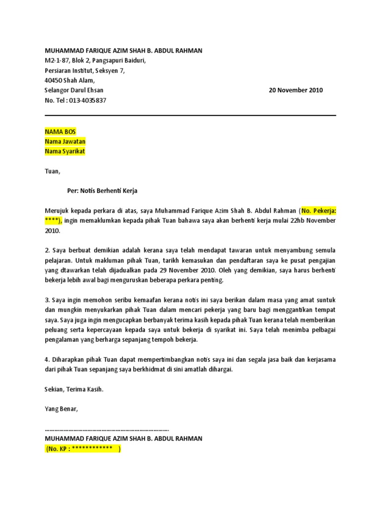 Contoh Surat Berhenti Kerja 24 Jam