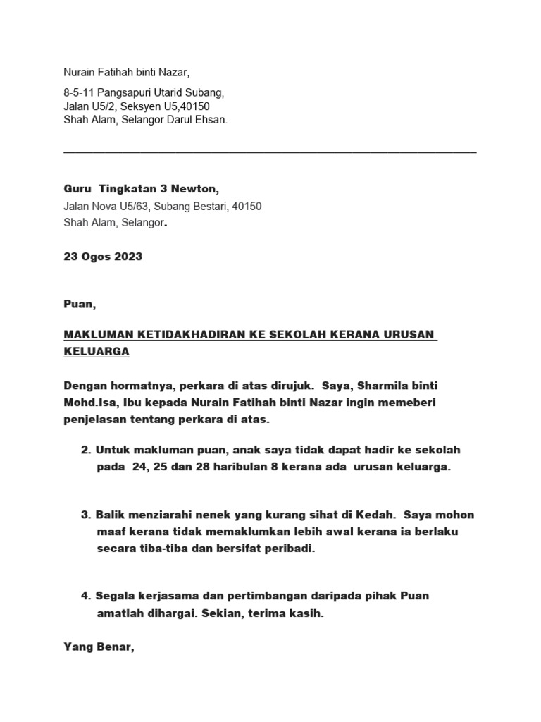 Contoh Surat Cuti Sekolah Urusan Keluarga
